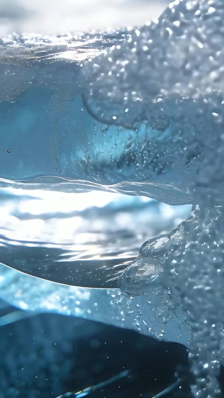 Vertical video: Rolling breaking wave from swell forming bubbles and sending foam up at sea surface