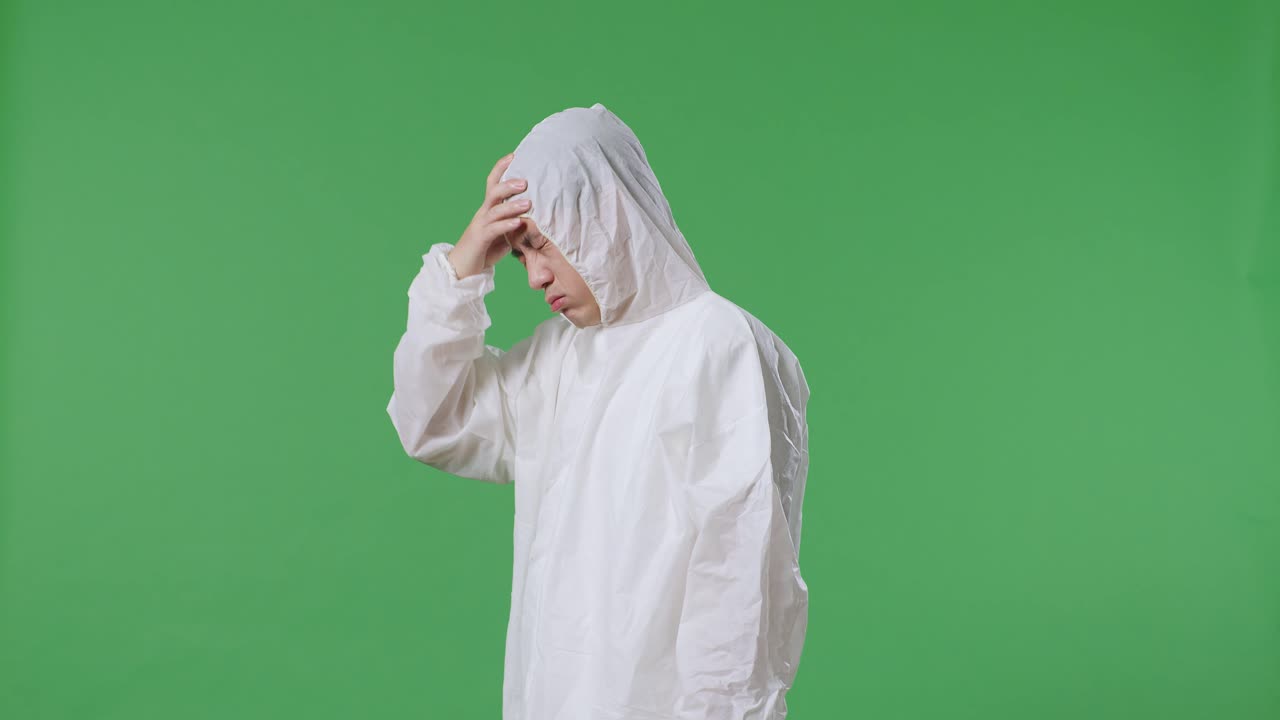 녹색 화면 배경 에 서 있는 아시아 남성 과학자 가 두통 을 겪고 있는 측면 시각