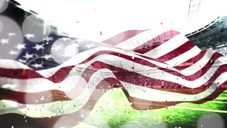 animation of light spots and confetti over flag of usa and stadium