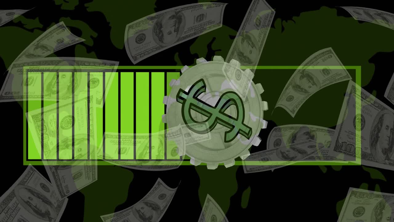 은행권 위에 있는 달러 기호와 검은색 바탕에 있는 세계 지도의 애니메이션