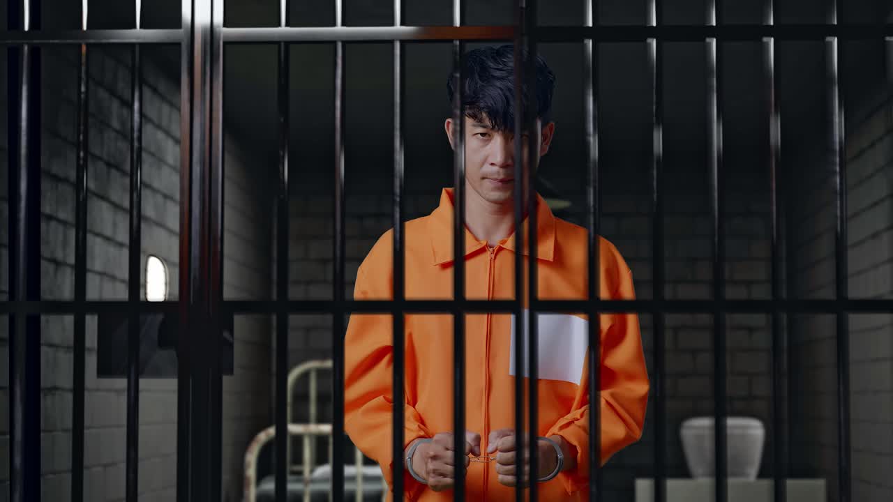 Asian Male Prisoner In Handcuffs Standing In Prison, Raising Head And Looking To Camera In Anger