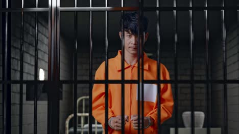 asian male prisoner in handcuffs standing in prison, raising head and looking to camera in anger