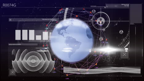 Rotierende-Erde-Mit-Globalem-Netzwerk-Und-Datenanalyse,-Zeigt-Grafiken-Und-Diagramme