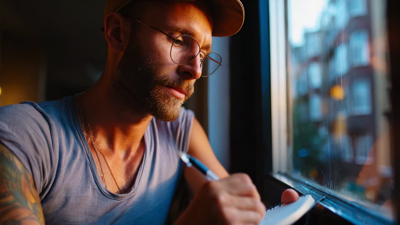 A focused individual engaged in thoughtful writing while seated beside a window, capturing inspiration amidst an urban backdrop with natural lighting, representing creativity and artistic expression