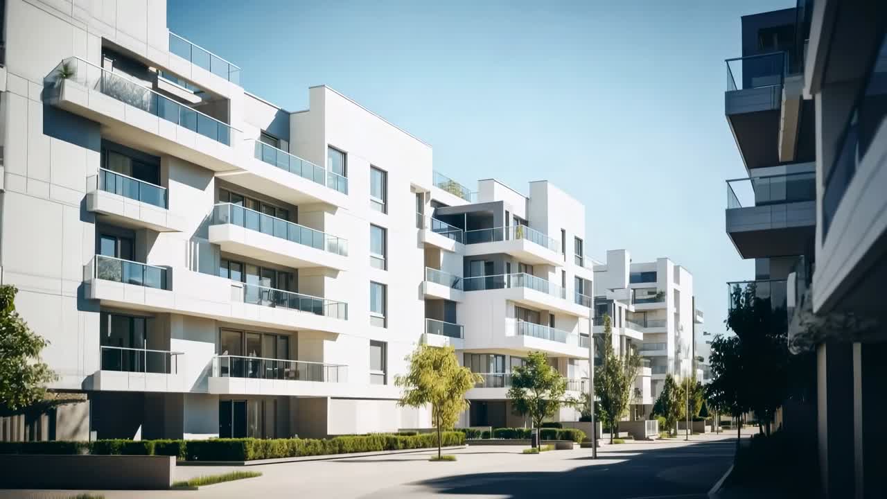 Edificios de apartamentos modernos bajo un cielo despejado, captados en un plano gran angular