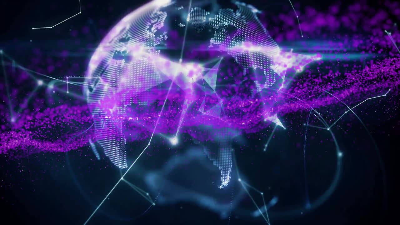 Digital globe with purple data points and connections, global network animation