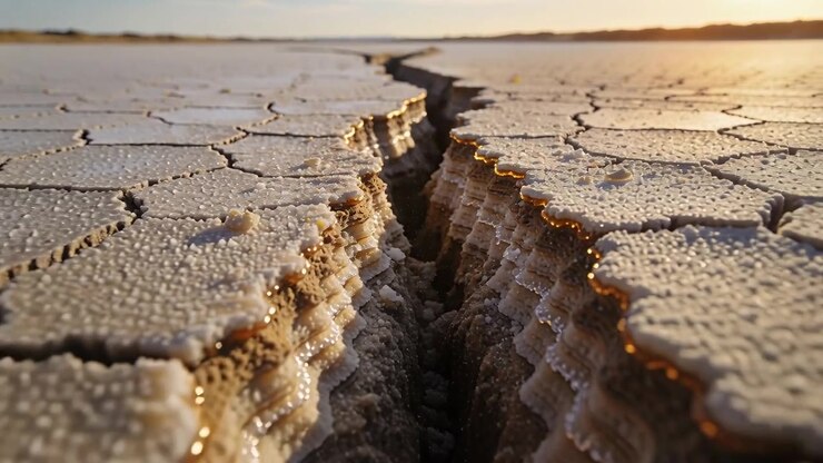 Pulling back camera revealing central fissure with terraced walls on salt flat, showing hex plates
