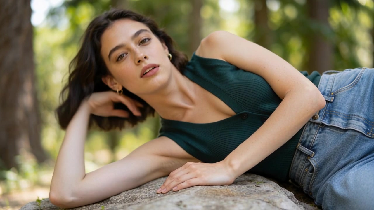 Una donna si sveglia alla luce del sole, apre gli occhi, si tocca i capelli su una roccia nella foresta, indossando un top e orecchini a cerchio.