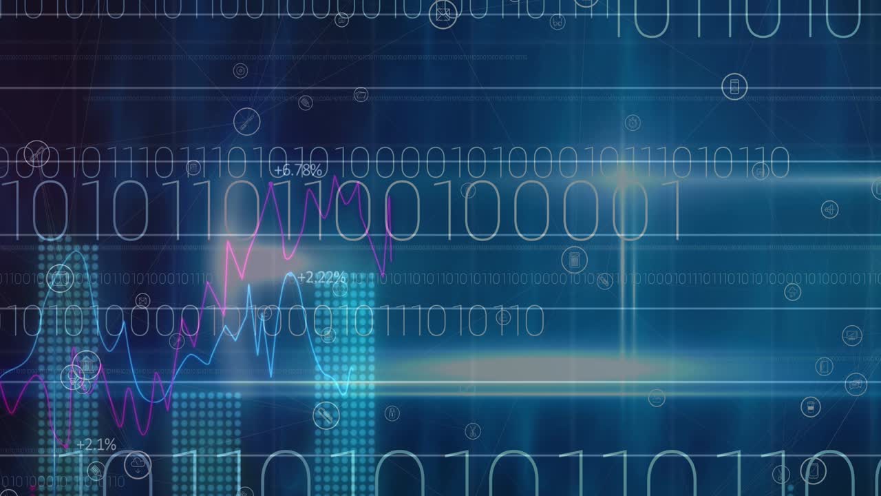 Animation of binary coding processing over digital icons