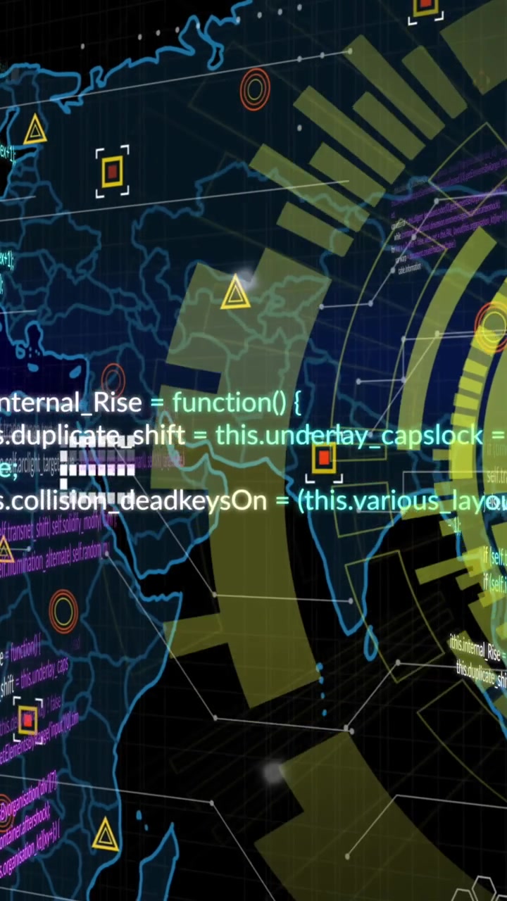 Animation of spinning round scanner, world map and data processing against black background