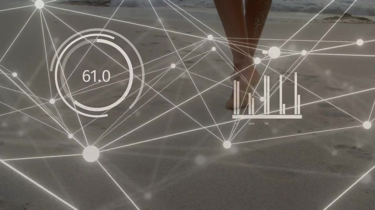 Man walking on shoreline, first step initiating tech HUD animating gauges metrics for analysis