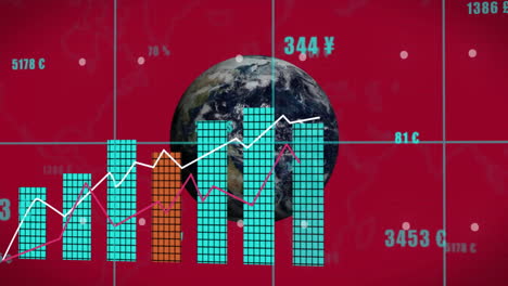 animation of bar graphs and line charts with currency symbols on red background