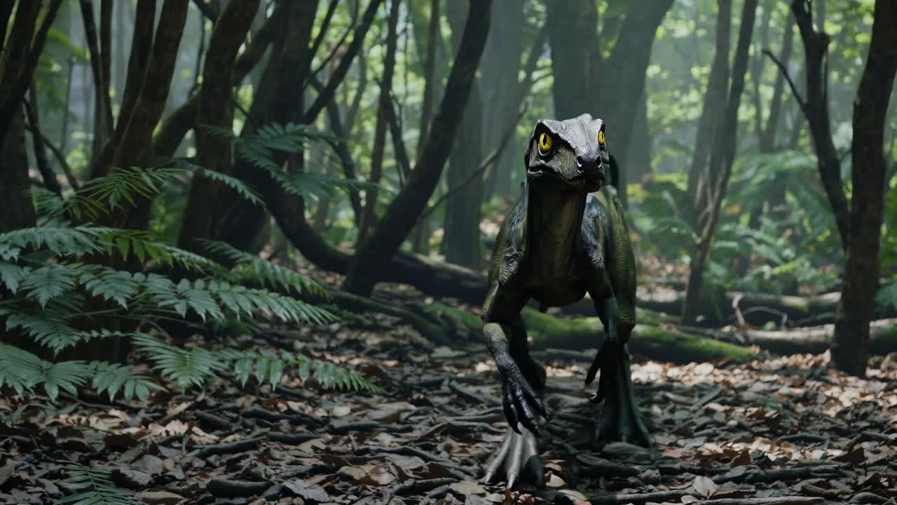 A realistic CGI velociraptor in a dense forest, captured from a low-angle shot, creating a cinematic