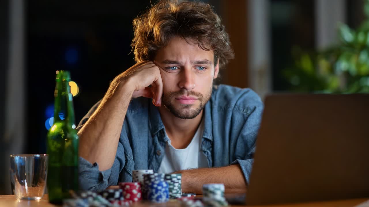 A contemplative individual, deeply engrossed in an online gaming session, surrounded by colorful poker chips and a drink, showcasing a moment of focus and anticipation as he stares at the glowing laptop screen