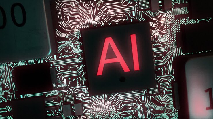 Stunning high quality CGI render of an integrated circuit board featuring red glowing AI text and shining teal circuits, with a smooth clockwise rotation pushing in slowly on the central AI chip