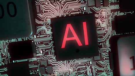 impresionante renderización en cg de alta calidad de una placa de circuitos integrados con texto de ia brillante en rojo y circuitos de color azul brillante, con una rotación suave en el sentido de las agujas del reloj empujando lentamente en el chip central de ia