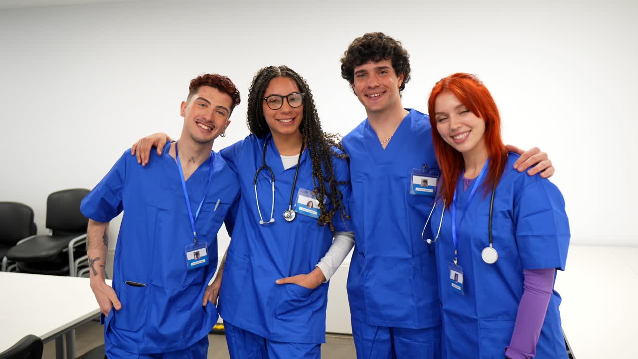 Gruppo felice di studenti di medicina che posano in camici blu.