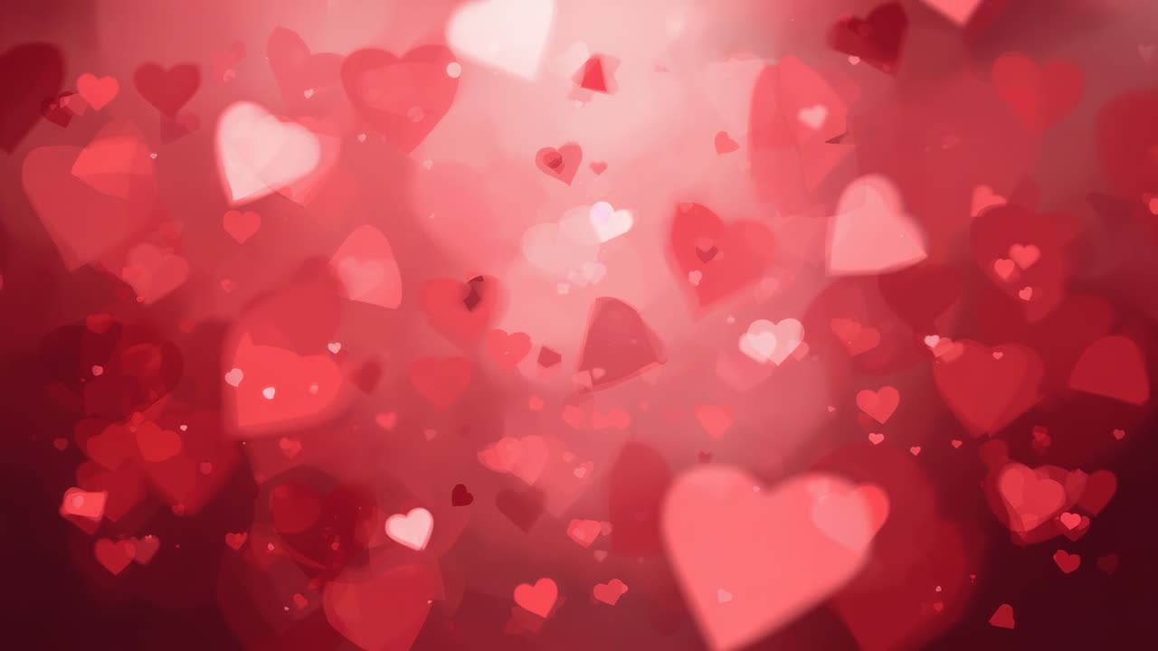 Inizio che mostra cuori delicati che fluttuano e brillano su un gradiente rosso-rosa con scintille per creare atmosfera romantica
