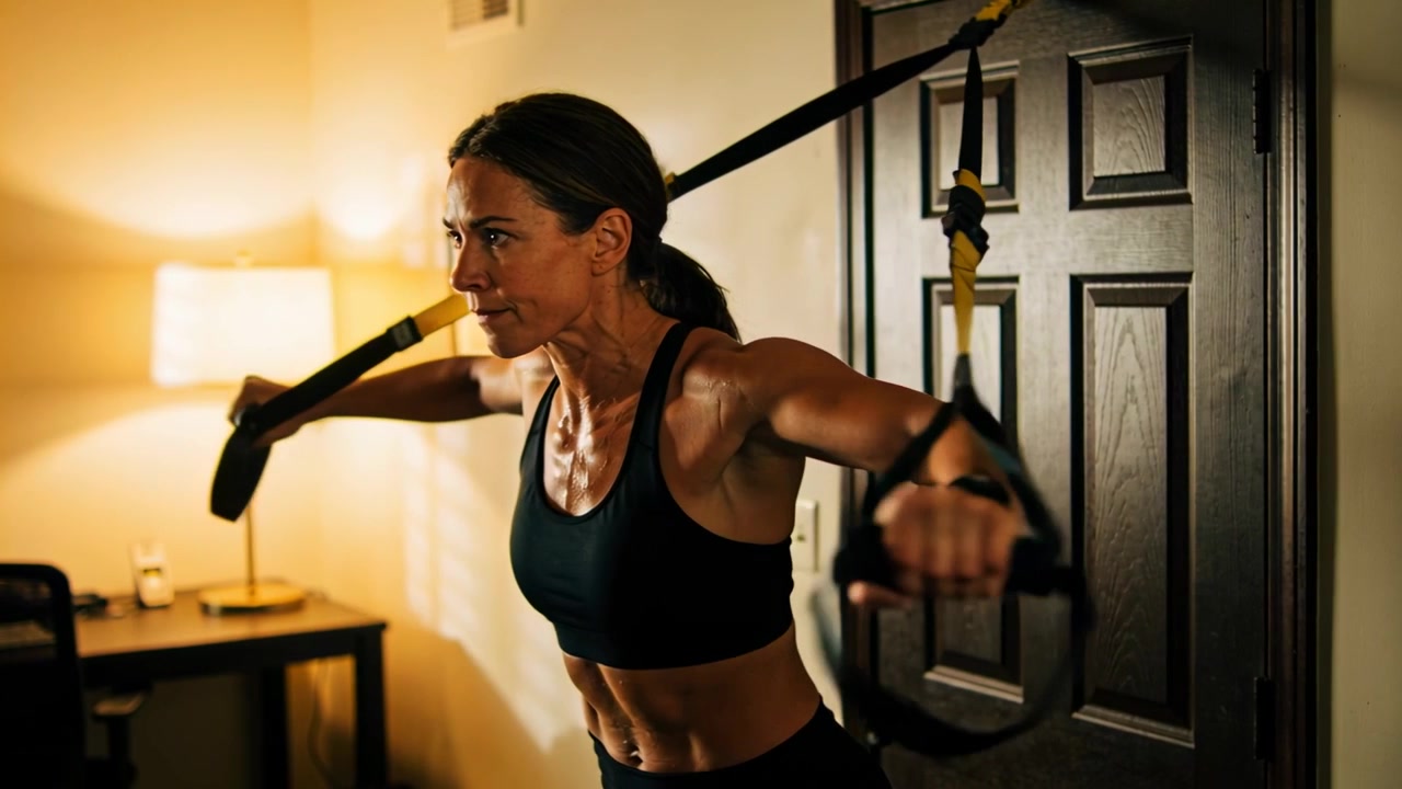 Pulling woman in black sports bra leaning into straps anchored to door hinge, strengthening chest