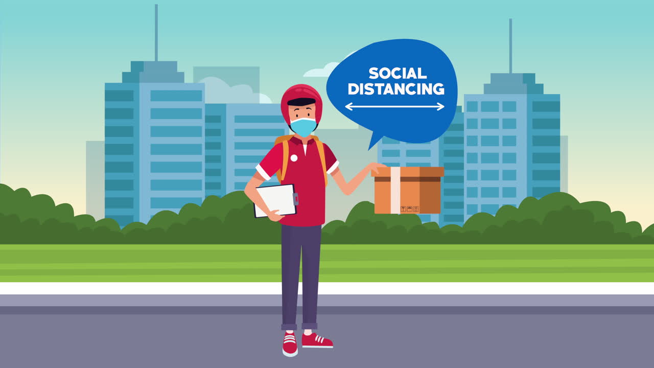 social distancing campaign with delivery worker in street