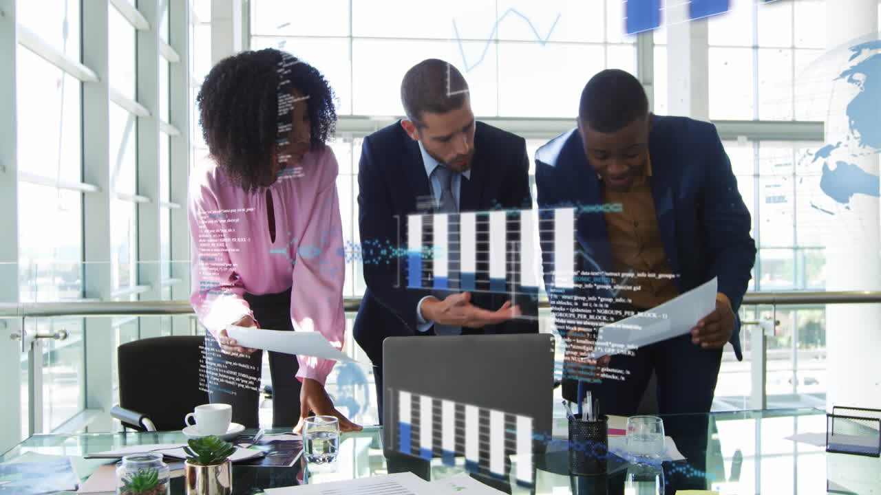 Animation of financial data processing over diverse business people in office