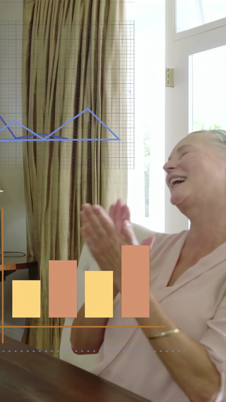 Verticale video: Vrouw ziet man binnenkomen en klappen, terwijl datagrafieken zakelijke groei tonen.