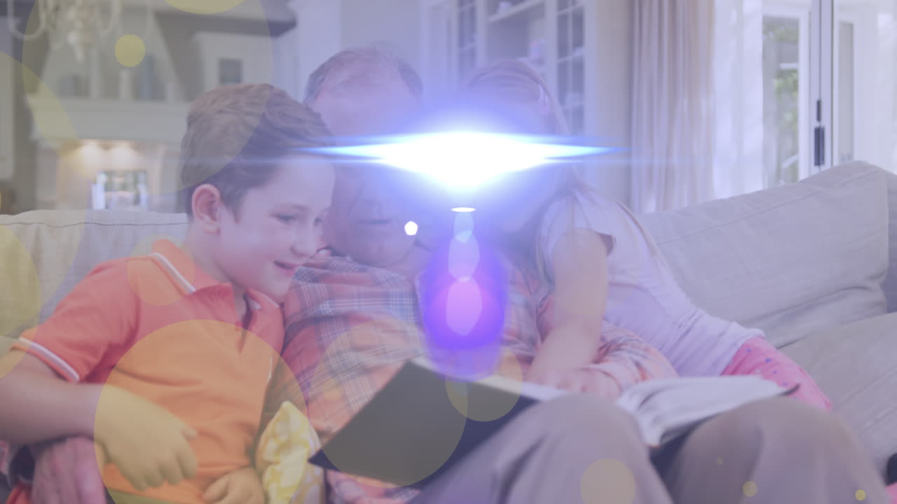 전자 기기를 사용하는 아이들의 친구들 위에서 다채로운 퍼즐 조각의 애니메이션