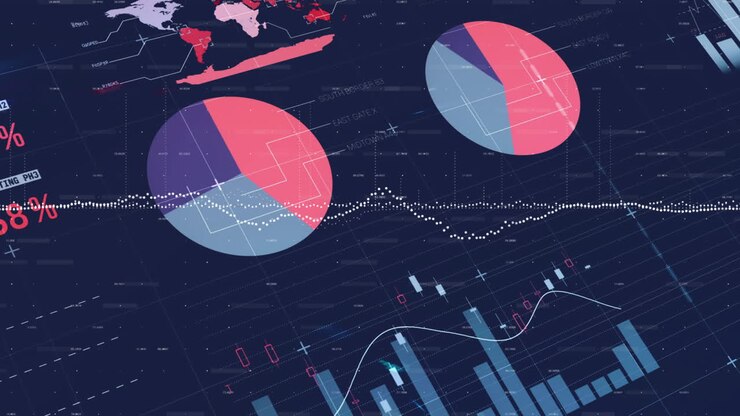 Animation of financial data processing over blue background