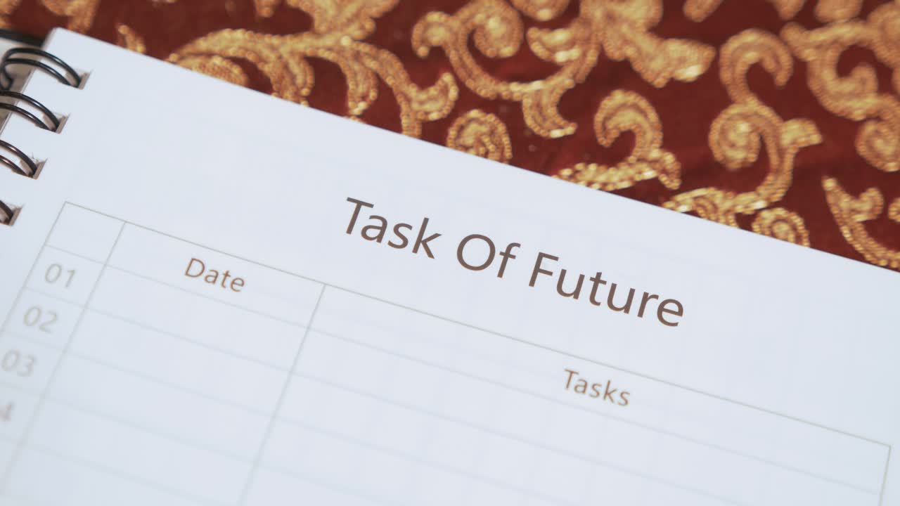 Opening notebook to reveal 'Task Of Future' Heading