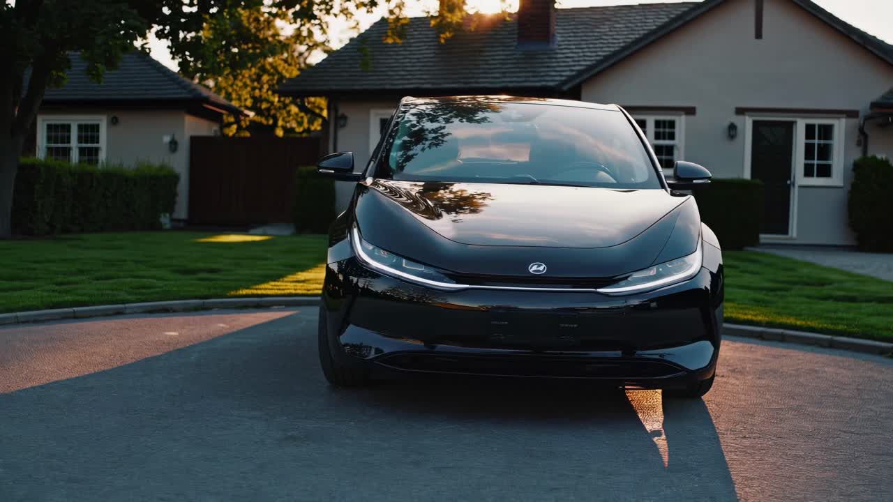 Front view of a sleek black car parked in a suburban driveway at sunset, showcasing a modern