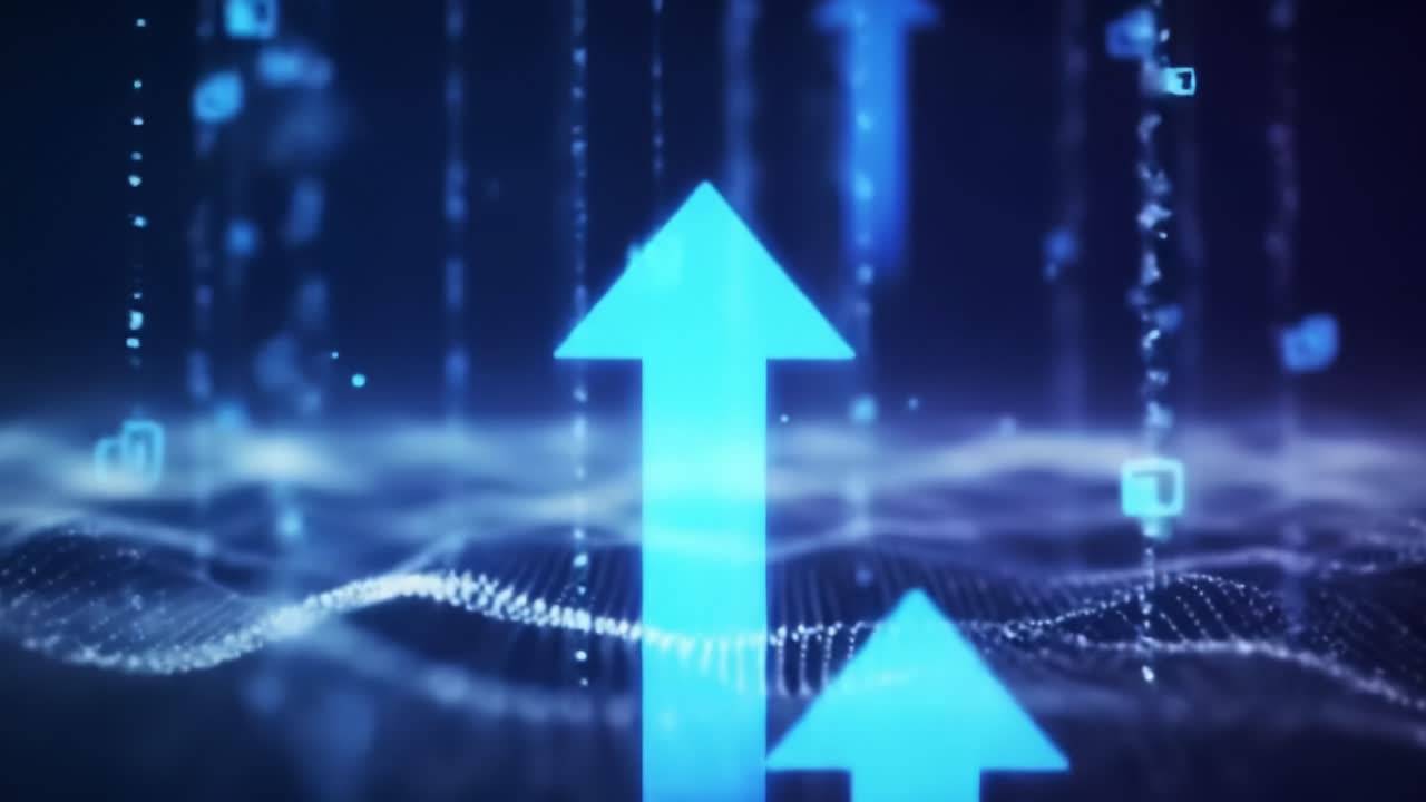 Dynamic Visual Representation of Data Flow and Growth, Featuring Blue Arrows Ascending Through a Digital Landscape with Streams of Information Depicted in Stunning Clarity