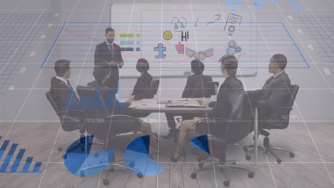 animation of graphs, changing numbers, diverse coworkers discussing human resources on whiteboard