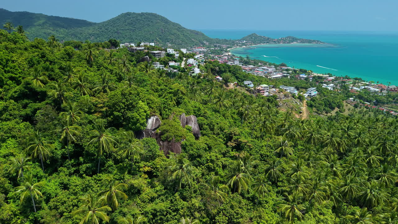 Drone Flying Over Tropical Jungle Toward Overlap Stone Viewpoint Koh Samui Thailand