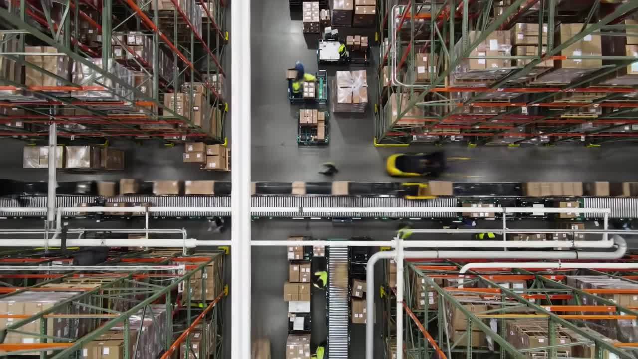 A high-traffic warehouse features workers actively sorting and organizing packages amidst towering shelves. The efficient arrangement supports quick inventory management and distribution.
