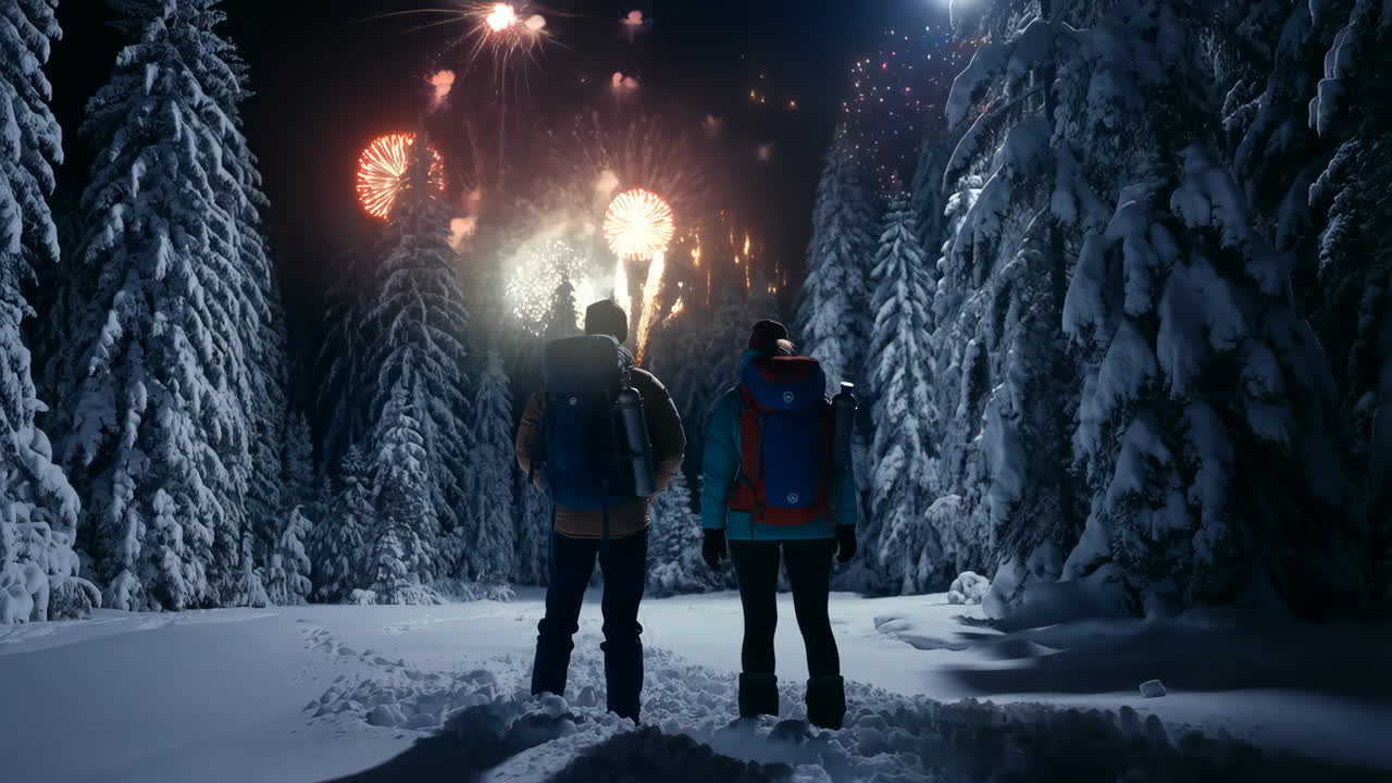 Backpackers Watching Fireworks in a Snowy Winter Forest at Night