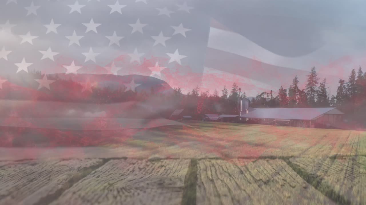 animación de la bandera de estados unidos ondeando sobre vista panorámica de la casa y el paisaje verde contra el cielo despejado