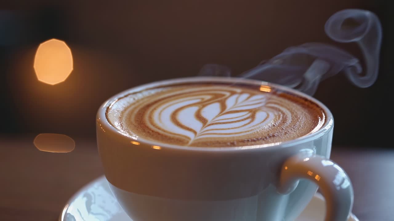 Video ravvicinato di un cappuccino con latte art, ripreso all'altezza degli occhi