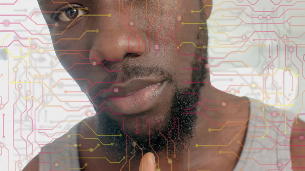 Man raising hand to chin and starting beard check, adjusting hair as circuit-board overlaying face