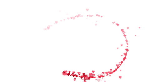 trail of small red hearts flying around on white background