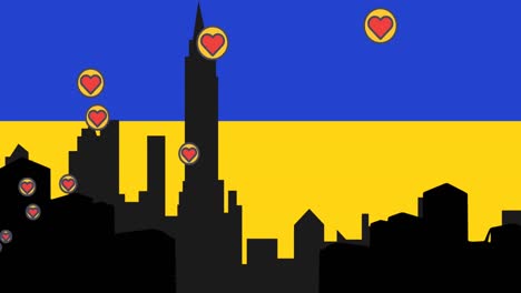 Animation-of-hearts-and-city-over-flag-of-ukraine