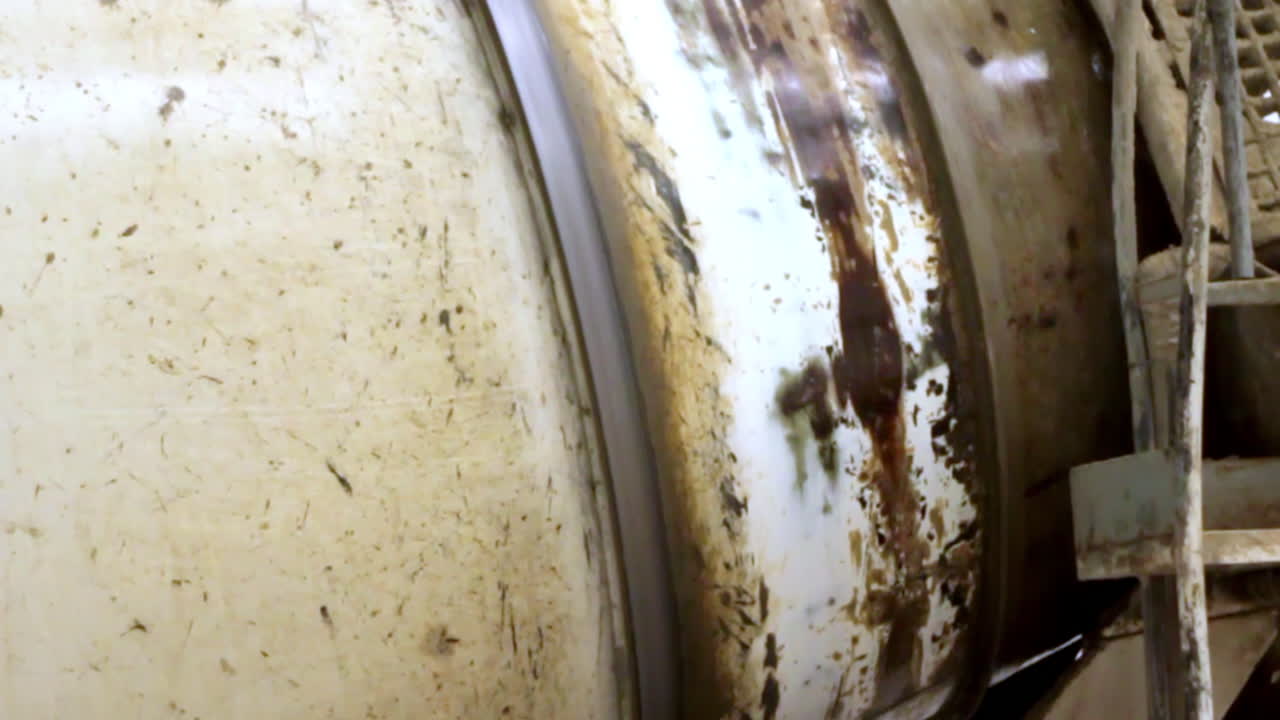 Close-up of a rotating cement mixer drum covered in dried concrete and grime, with visible wear from construction site use. Industrial, raw and mechanical texture.
