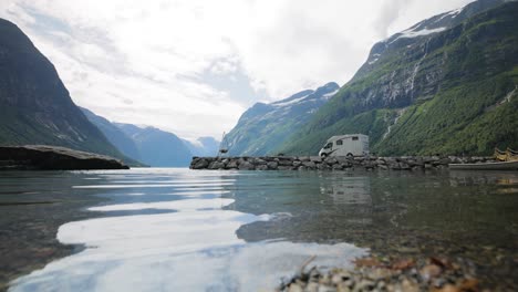 family vacation travel rv, holiday trip in motorhome. beautiful nature norway natural landscape.