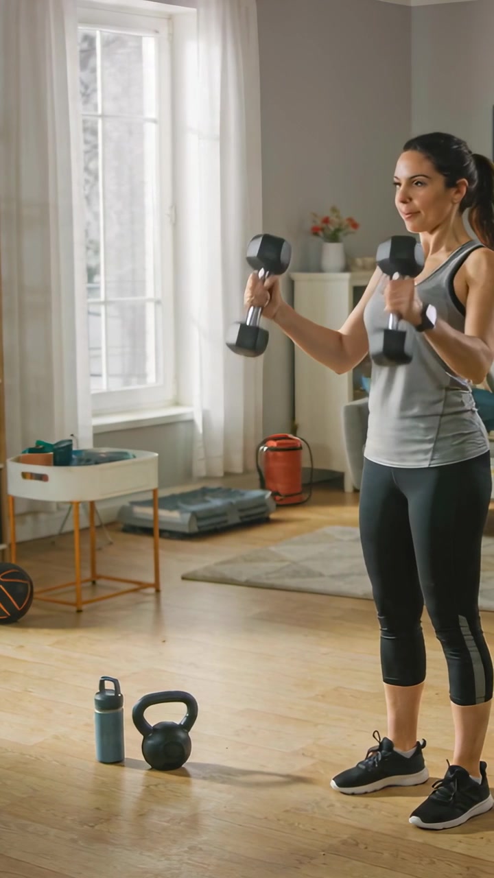 Video vertical: Mujer con camiseta sin mangas gris levantando pesas y haciendo elevaciones para entrenar en casa, espacio para texto.
