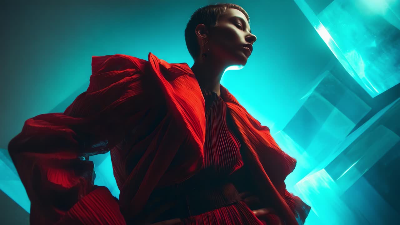 A captivating artistic portrayal of a stylized fashion model dressed in a striking red outfit, set against an ethereal backdrop of glowing blue lights and geometric shapes, exuding confidence and style