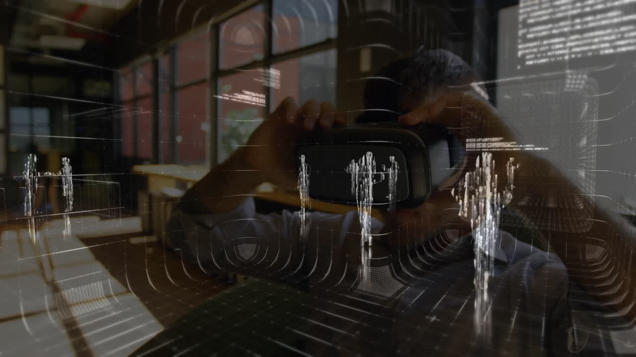 Uomo che usa un visore per la realtà virtuale e dati