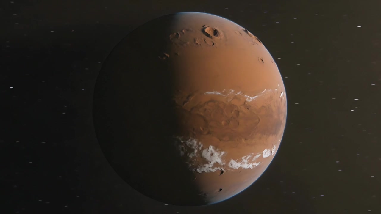 Right light falling, rotating red planet showing lit craters and white equatorial band in space