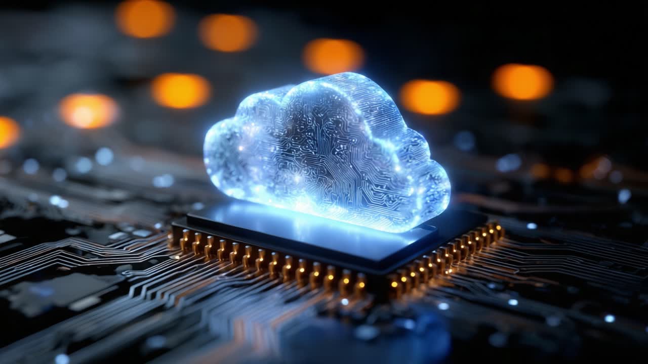 Illuminated Cloud Information Storage Represented in an Abstract Digital Circuit Background, Showcasing the Intersection of Technology and Data Management