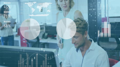 Animation-of-financial-data-processing-over-diverse-colleagues-working-in-office