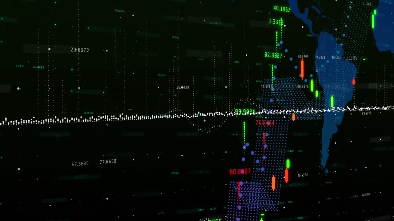 animación del procesamiento de datos financieros sobre el mapa del mundo
