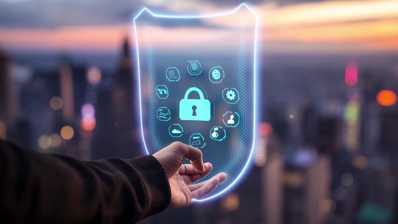 Hand Holding Holographic Shield with Digital Security Icons in City